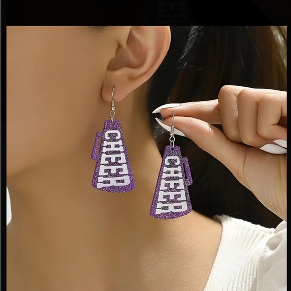 Red Glitter and White CHEER Megaphone Drop Earrings - Picture 6 of 6